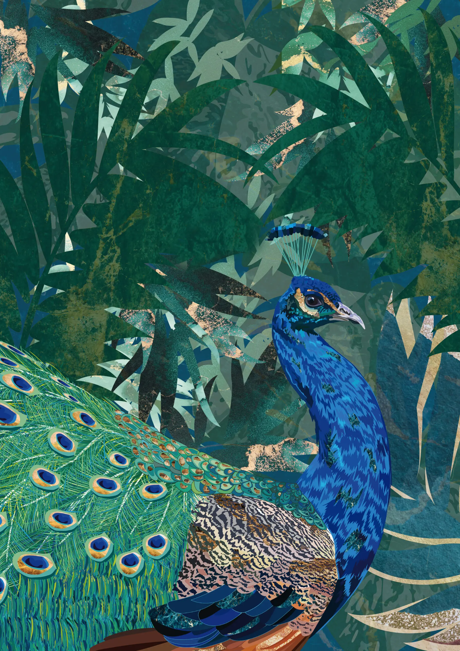 Wandbild (27795) Peacock in the tropical jungle by Sarah Manovski präsentiert: Kreatives,Tiere,Natur,Blätter,Blumen und Blüten,Vögel,Wildtiere