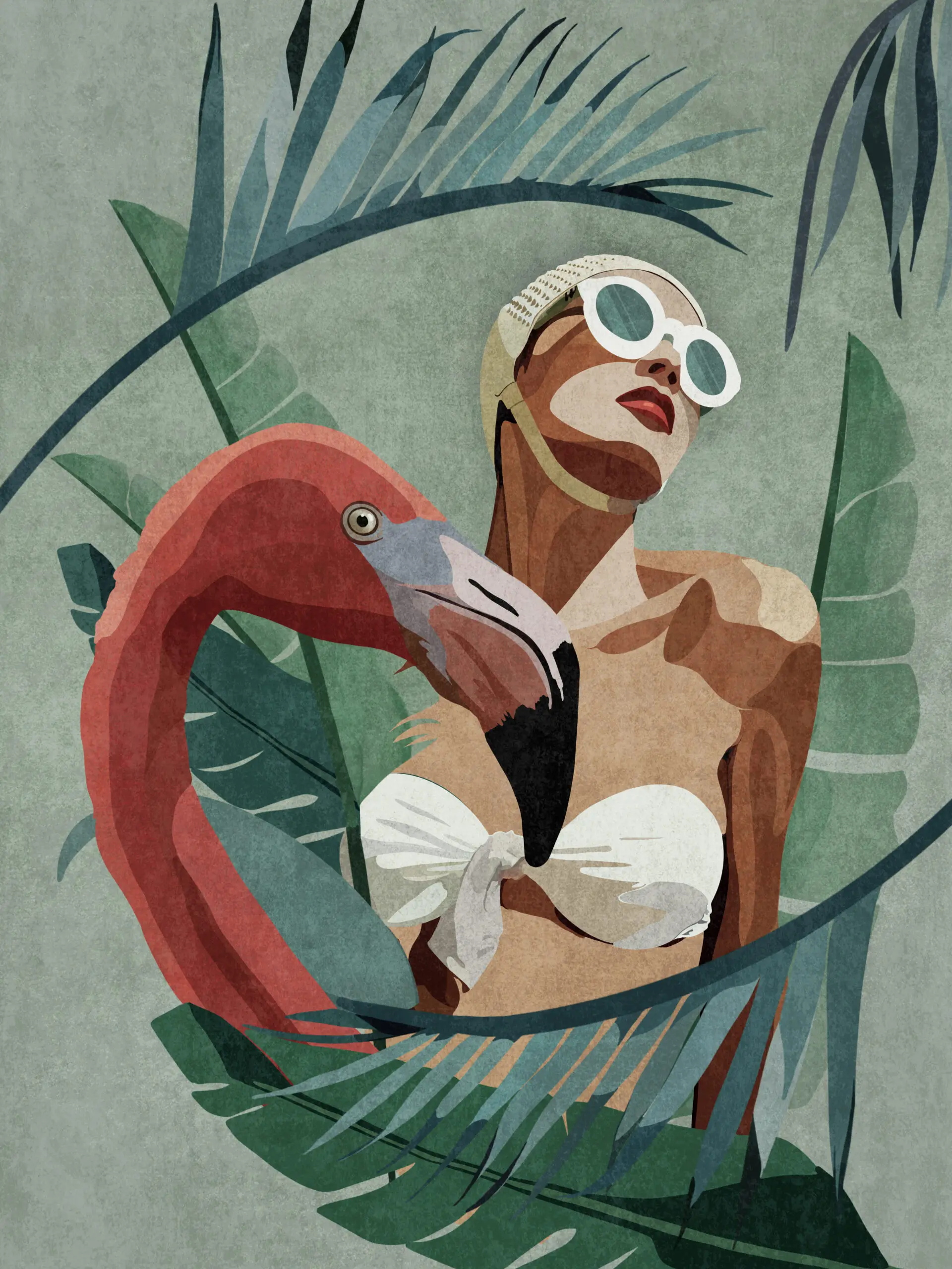 Wandbild (27801) Flamingo Lady by Emel Tunaboylu präsentiert: Menschen,Kreatives,Tiere,Natur,Blätter,Blumen und Blüten,Frauen,Portraits,Vögel,Wildtiere,Sonstiges Kreatives